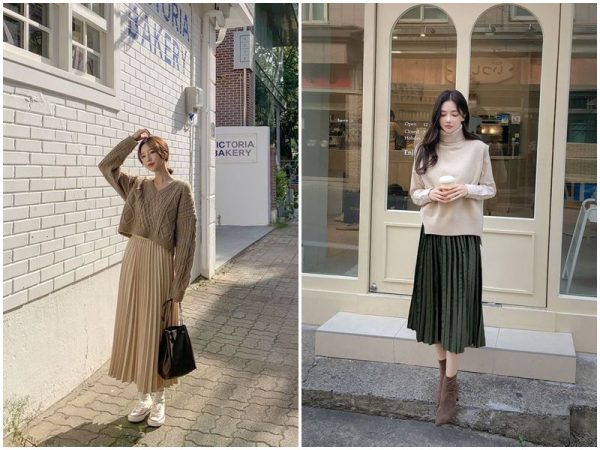 Phối đồ với chân váy xếp ly dài