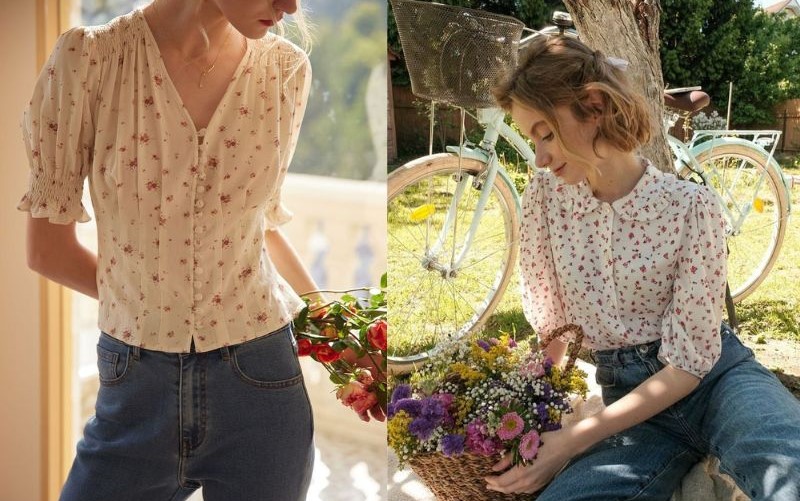 Họa tiết hoa nhí kết hợp với quần jeans vintage vừa đơn giản lại dễ thương