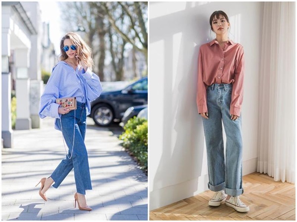 Áo sơ mi oversize phối với quần jean ống suông