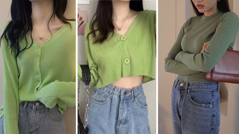 Áo xanh lá mặc với quần jean màu xanh