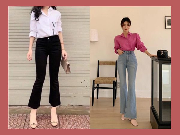 Quần ống loe phối với áo sơ mi